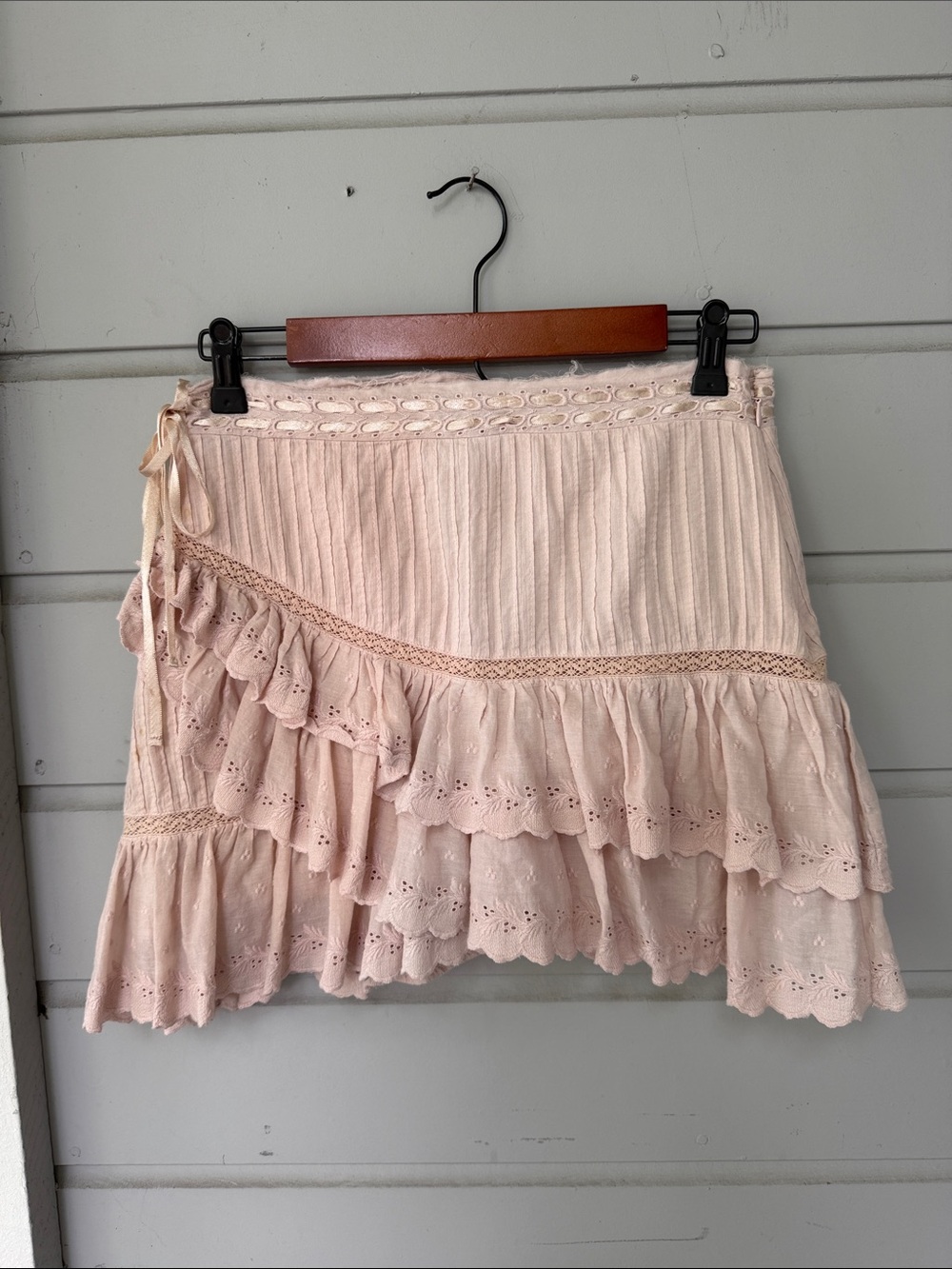LoveShackFancy Blush Pink Ruffled Eyelet Mini Skirt